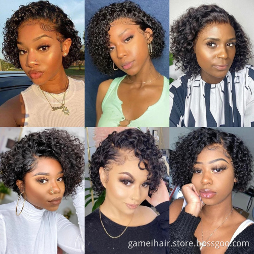 Short Pixie Cut Curly Human Hair Wigs For Women Deep Wave Frontal Wig Side Part Bob  13x1 T Part Transparent Lace Wigs